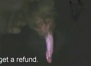 Outdoor nighttime handjob scene with a zoophile that tugs on cock