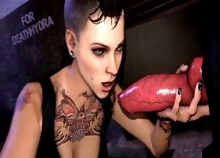 Inked brunette babe puts animal cock in her mouth because she can