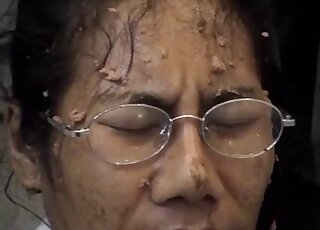 Dog got enema and covered nerdy Asian girl with glasses in poo