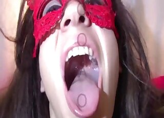 Masked girl drinks warm dog cum after enjoying bestiality intercourse