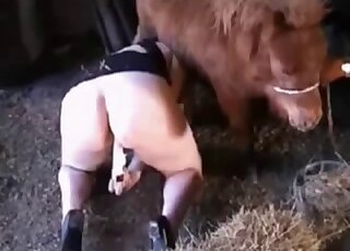 Pale-skinned hottie fucks herself with a dildo to seduce a pony