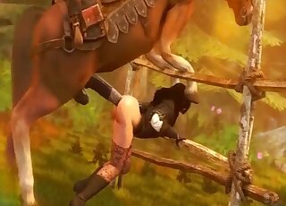 Attractive 3D babe with dark hair banged from behind by a horse