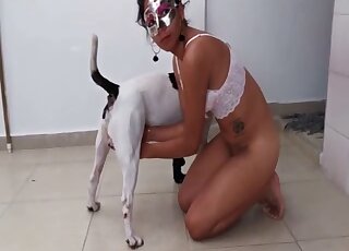 Latina in white lingerie recorded throating and fucking her dog
