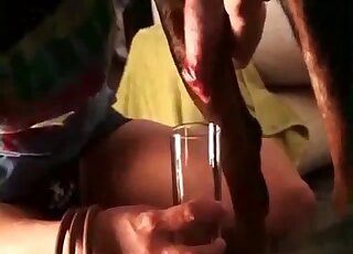 Filthy zoophile whore gladly collects cum from her dog in a flusk