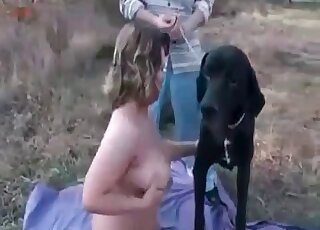 Good-looking chubby babe teasing a black dog in an outdoor vid