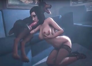 Cute wife with big tits sucks a long massive dick of a horny canine