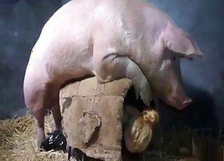 Masked blonde wants to protect herself while fucking a pig in farm XXX