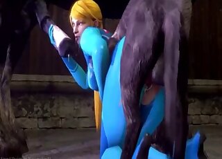 Amazing doggystyle fucking with the Metroid girl and two beasts