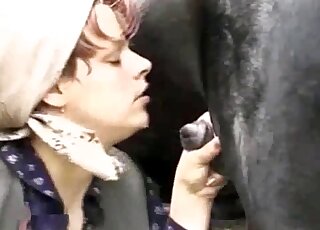 Redheaded country girl in a modest outfit sucks horse cock outdoors